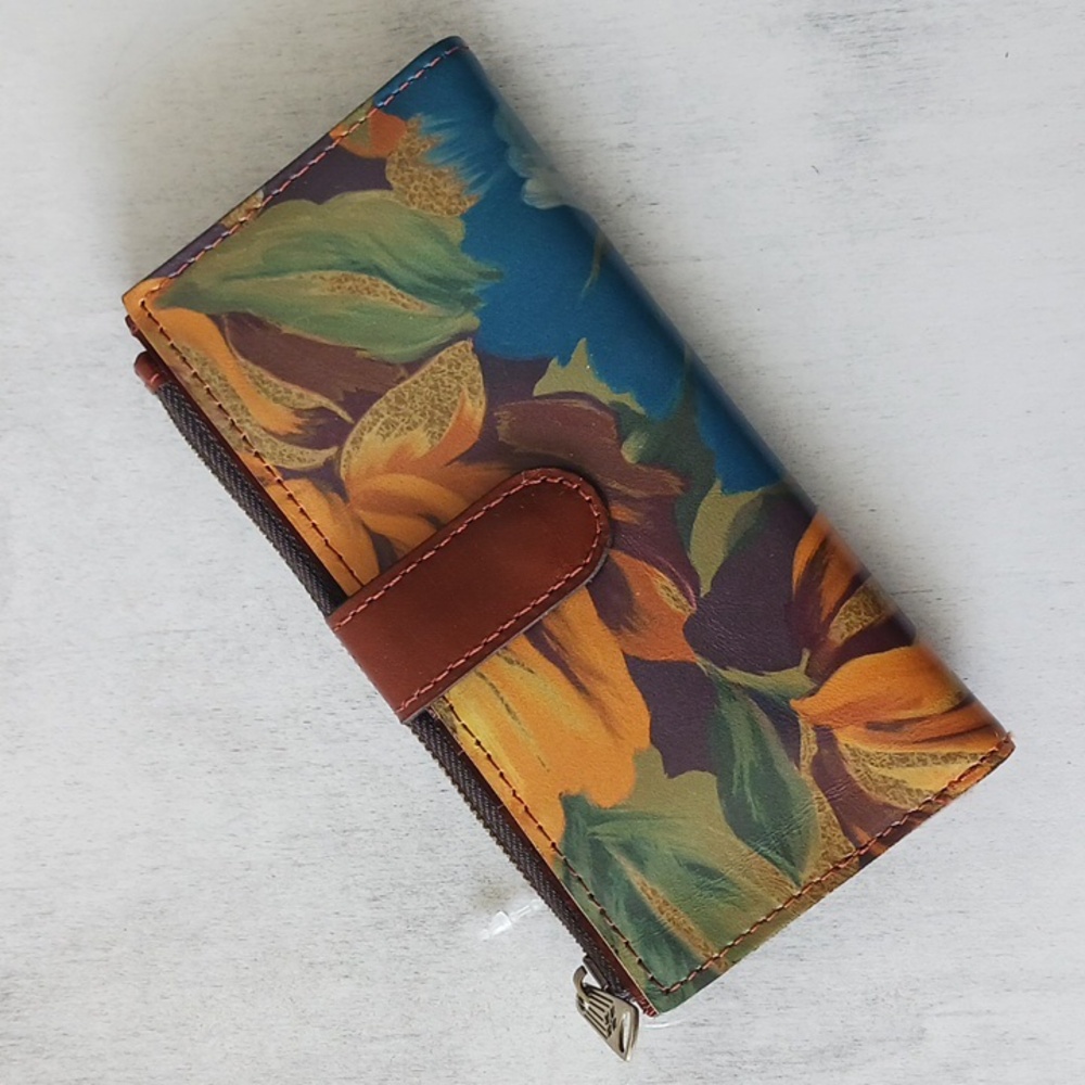 Patricia Nash NAZARI Leather Bifold Wallet Floral Marigold Harvest Blue Brown